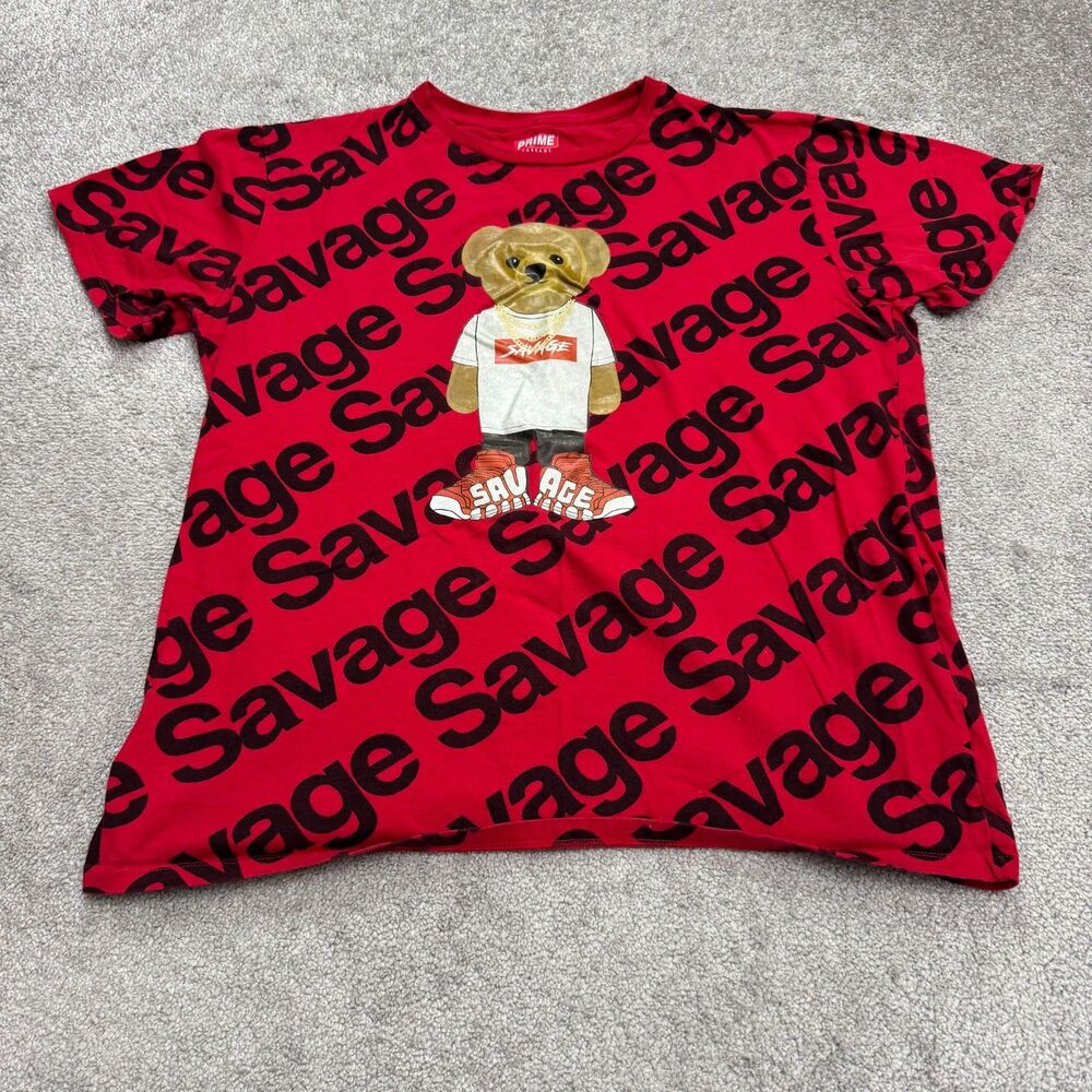 Prime Threads All Over Print "Savage" Bear T-Shirt Mens XXL Red Crew Cotton Tee